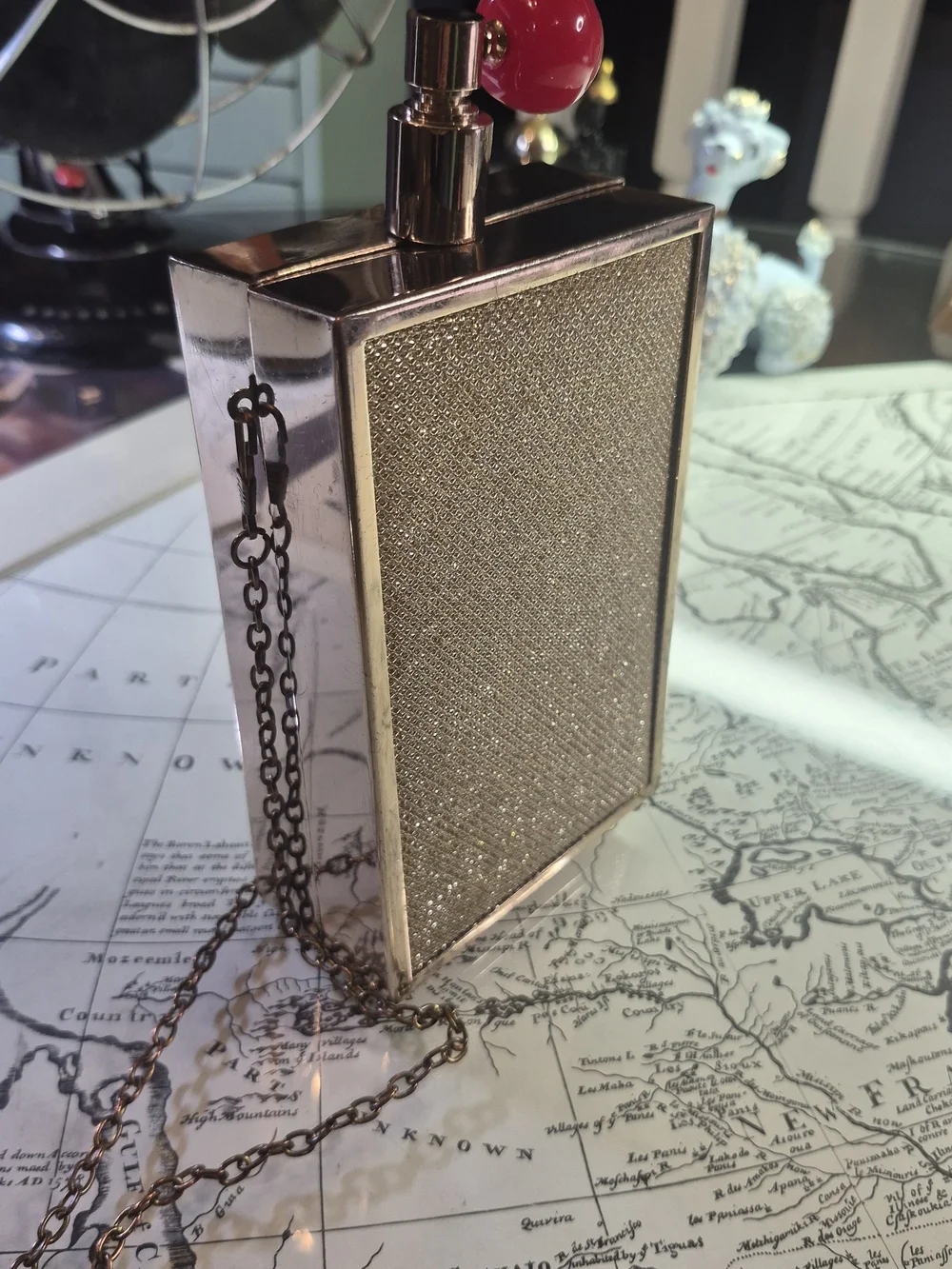 PERFUME BOTTLE CLUTCH WITH CHAIN